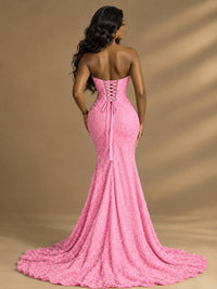 Beaded Sequin Prom Dress Strapless Formal Gowns with High Slit Train