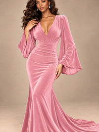 Burgundy Velvet Deep V-Neck Ruched Long Sleeve Maxi Dress