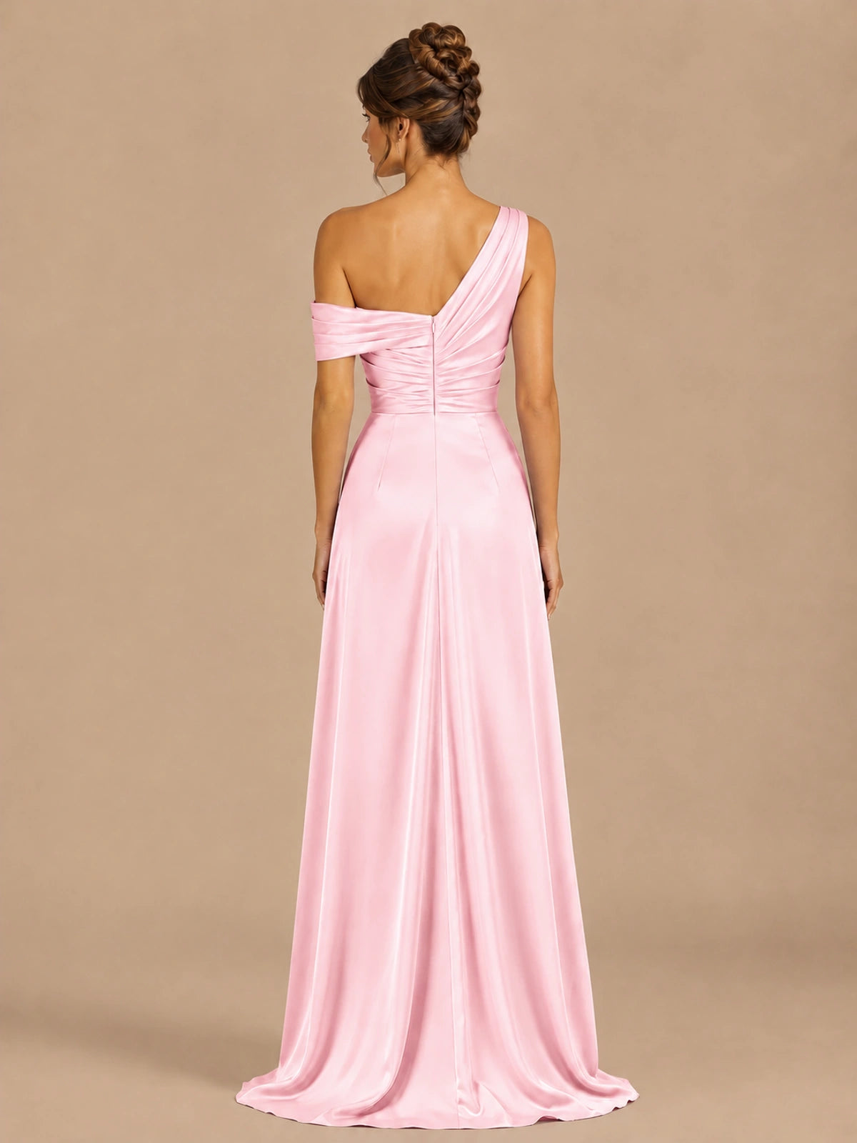 Satin One Shoulder Prom Dress Ruched Long Formal Evening Gown