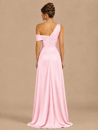 Satin One Shoulder Prom Dress Ruched Long Formal Evening Gown