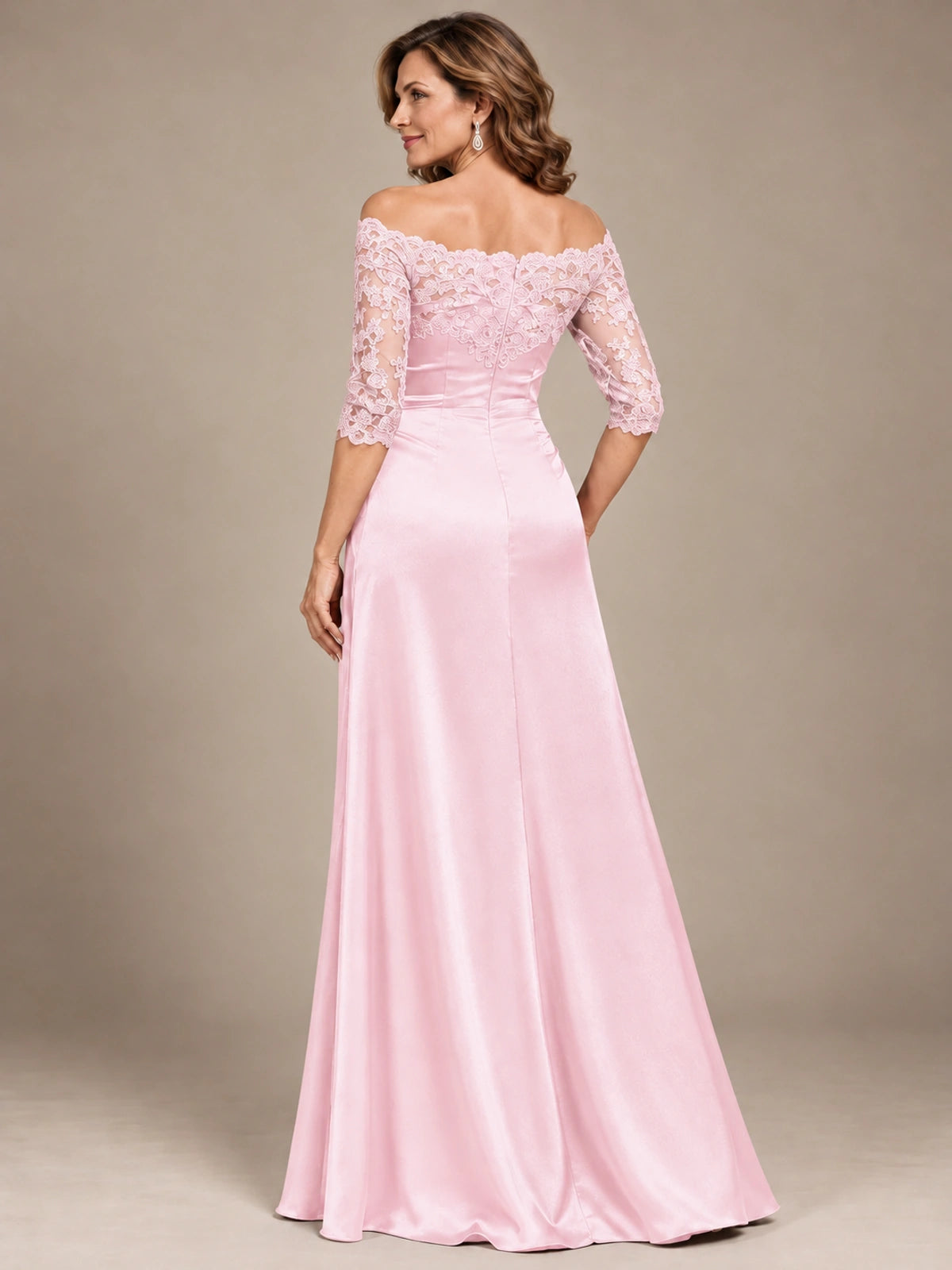 Satin Mother of the Bride Dress with Lace Sleeves Off Shoulder Formal Gown