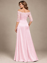 Satin Mother of the Bride Dress with Lace Sleeves Off Shoulder Formal Gown