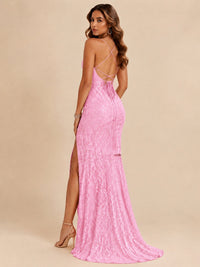 Sequin Lace Appliques Mermaid Prom Dress Spaghetti Strap Formal Gowns with Slit