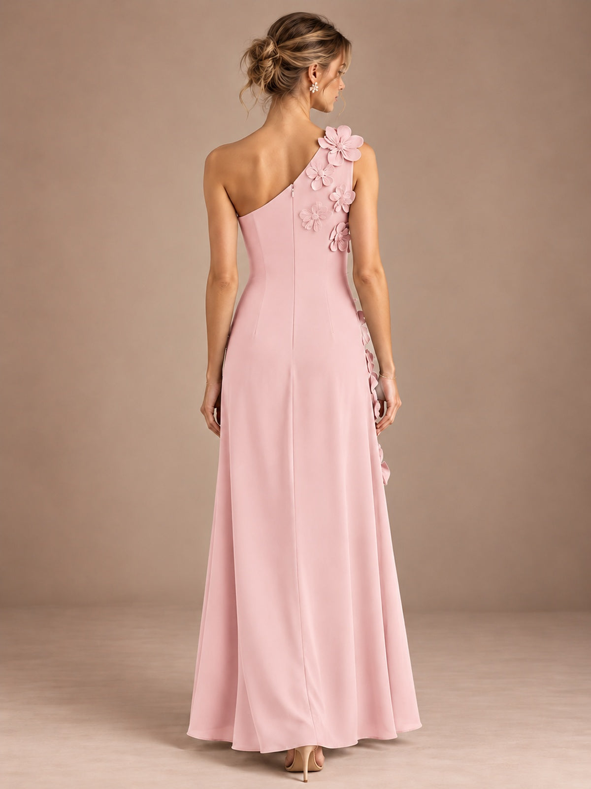 Sage Green One Shoulder Satin Formal Maxi Dress with 3D Floral