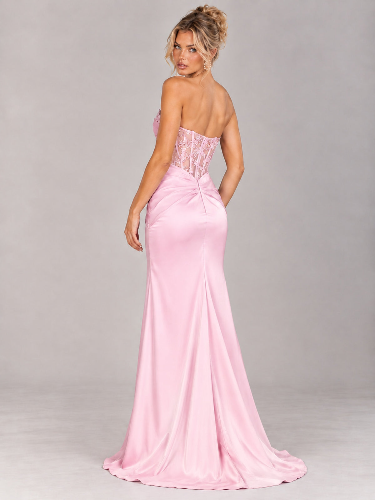 Strapless Satin Prom Dress with Sheer Lace Corset & High Slit