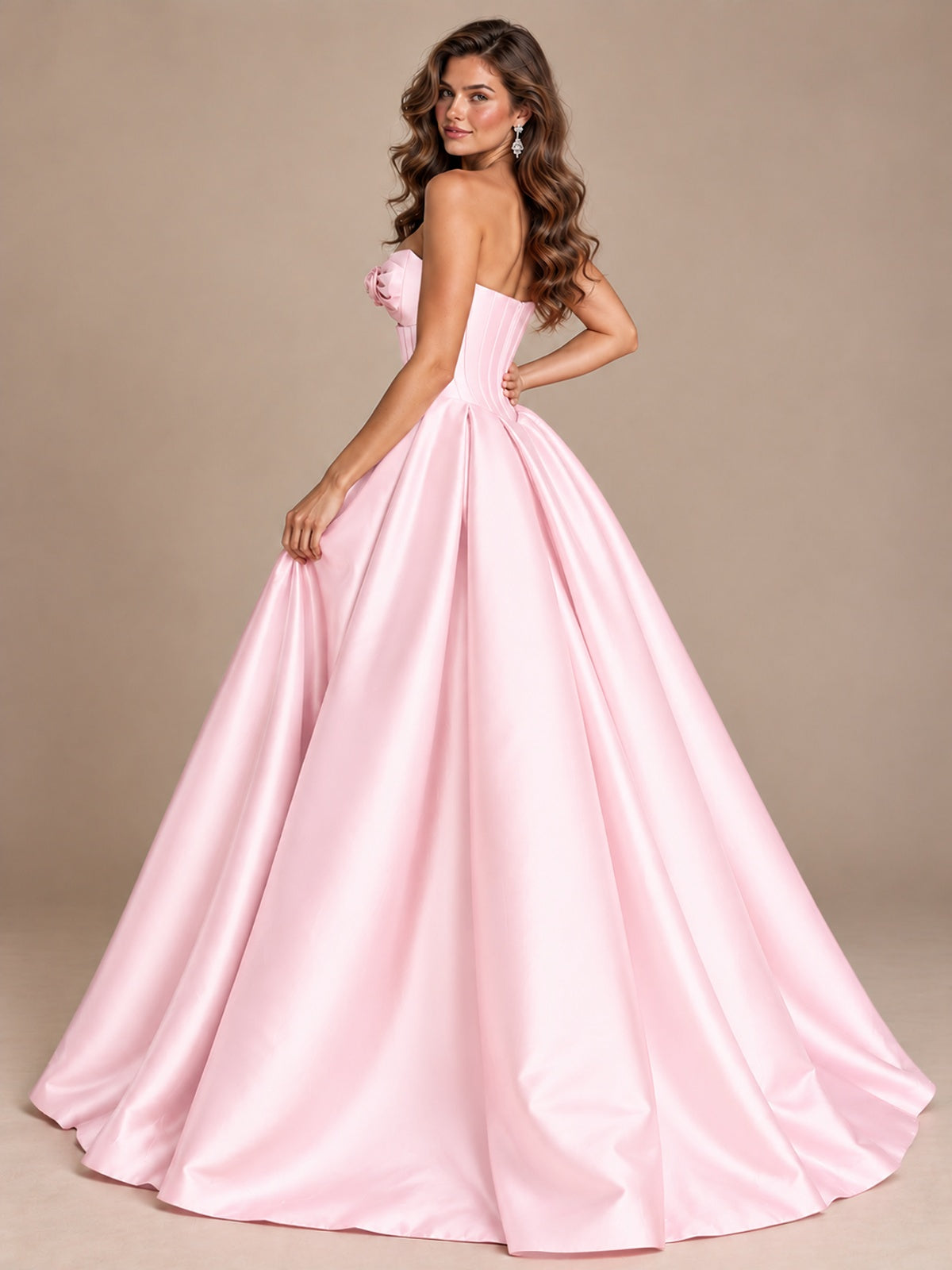 Pink Strapless Corset Satin Prom Derss & Ball Gown with 3D Floral