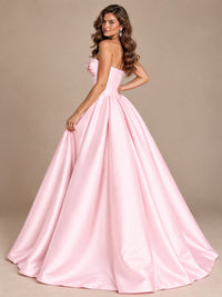 Pink Strapless Corset Satin Prom Derss & Ball Gown with 3D Floral