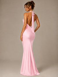 Olive Green Halter Satin Mermaid Maxi Dress
