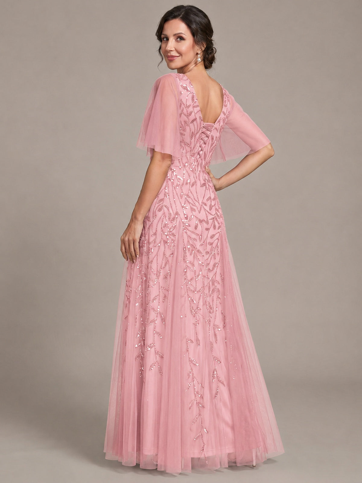 V-Neck Sequin Tulle Mother of the Bride Dress with Flutter Sleeve