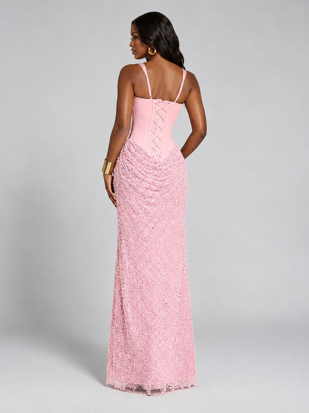 Sequin Corset Mermaid Prom Dress with Square Neck Wide Strap High Slit