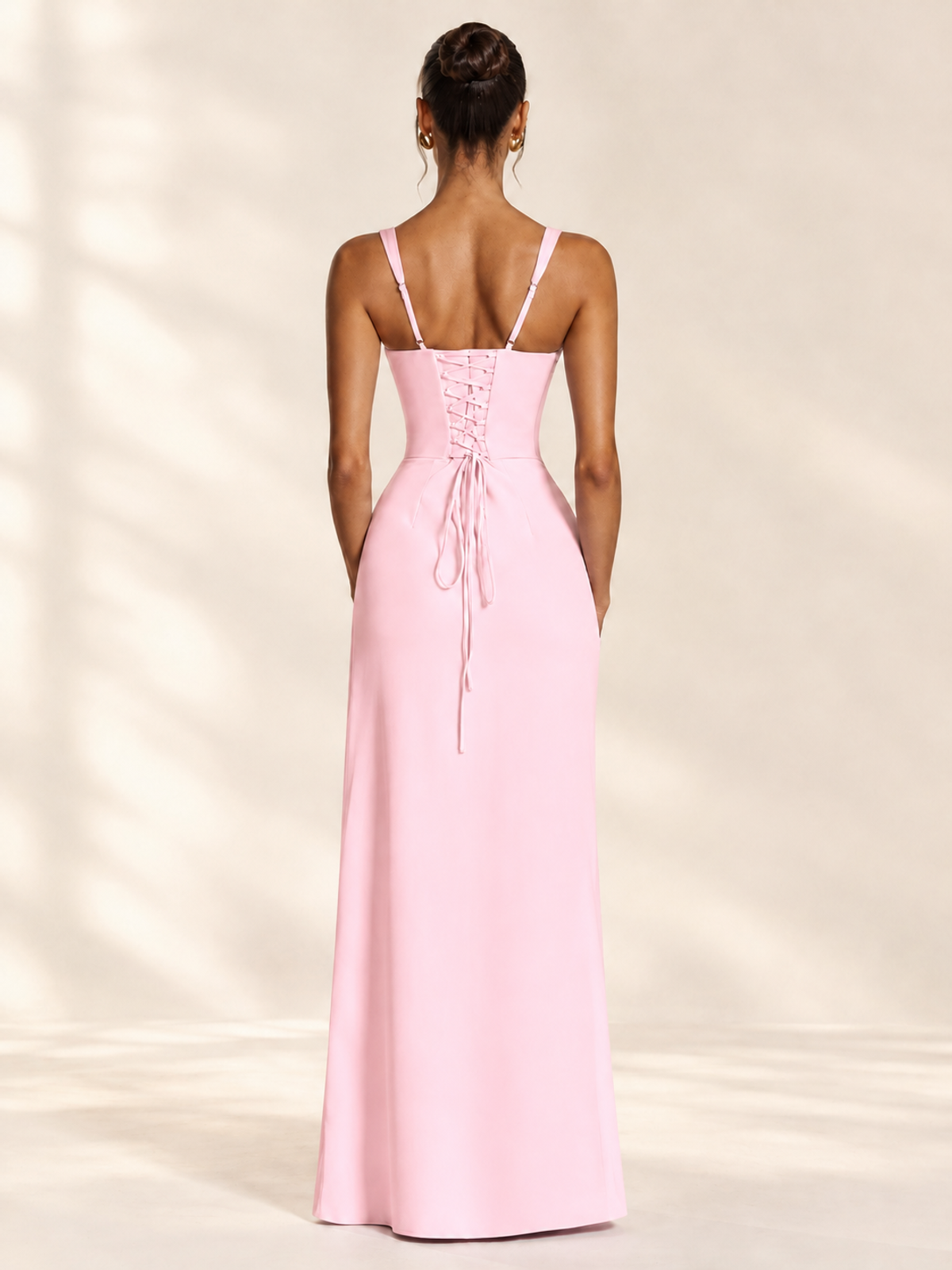 Square Neck Satin Sleeveless Ruched Prom Dress with High Slit