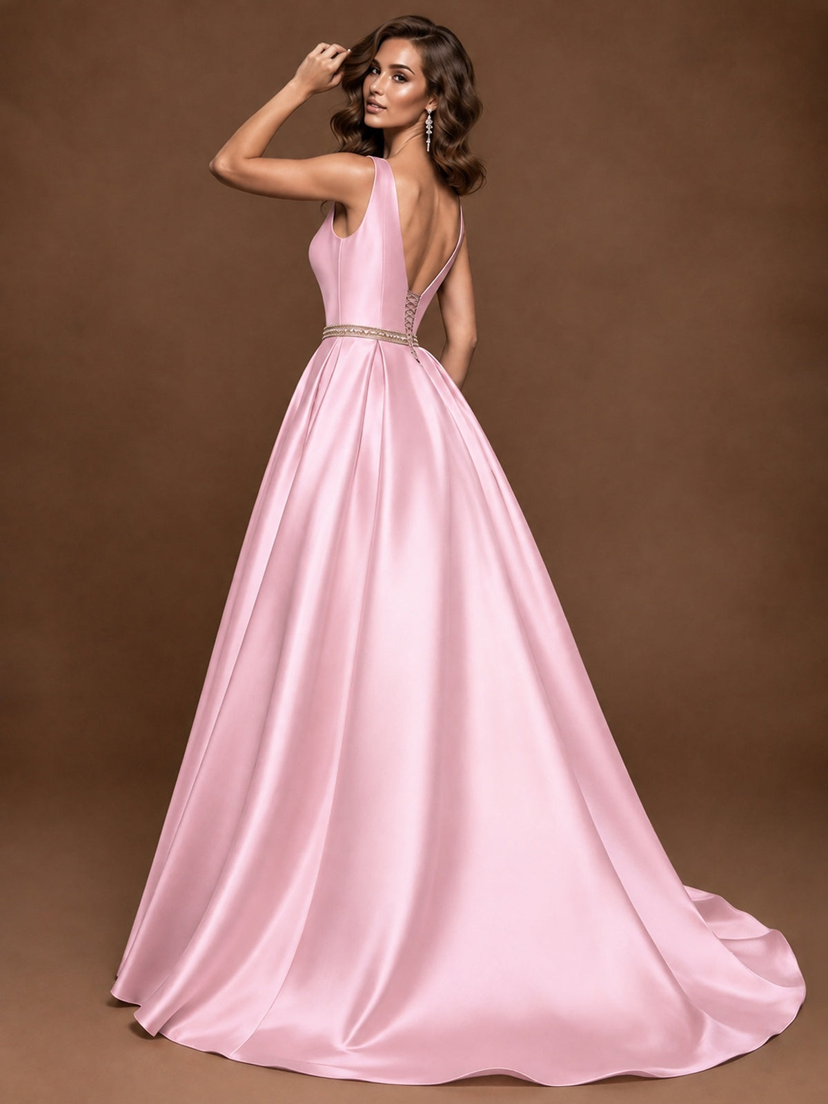 Satin A-Line Prom Dress Sleeveless Beaded Waist Formal Gown with Pockets