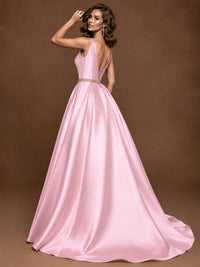Satin A-Line Prom Dress Sleeveless Beaded Waist Formal Gown with Pockets