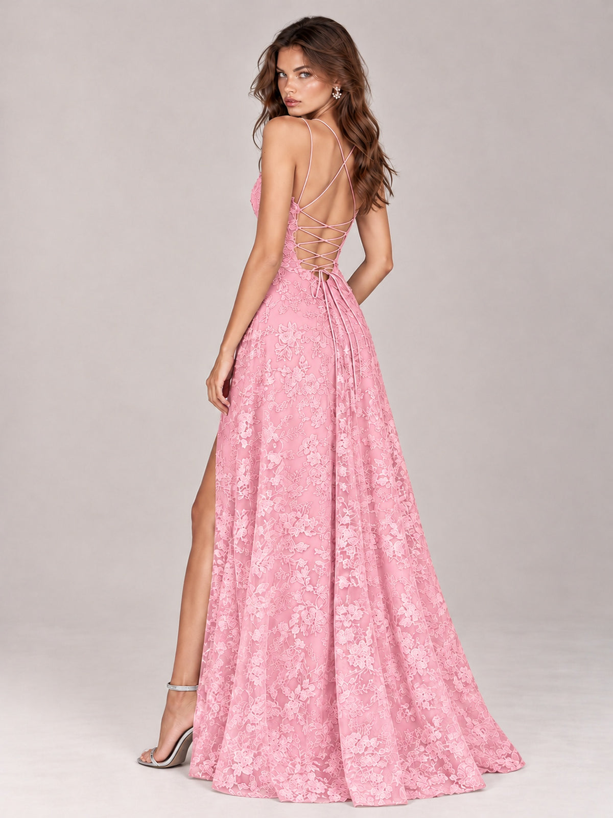 Floral Lace A-Line Prom Dress with Spaghetti Straps & High Slit