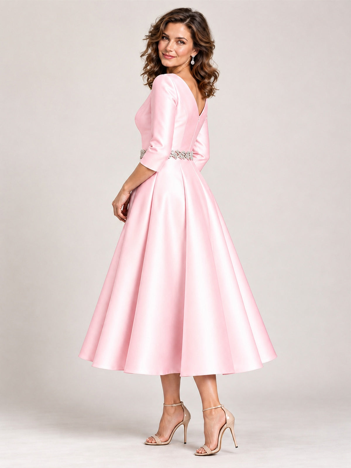 V-Neck Tea-Length Mother of the Bride Dress with Embellished Waist