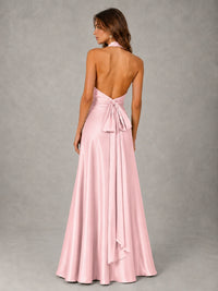 Sage Green Satin A-Line Bridesmaid Dress with Halter Neck