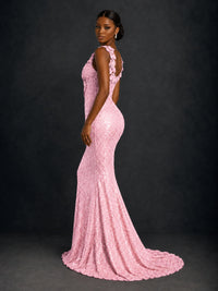 Gold Sequin Floral Applique Mermaid Prom Dress