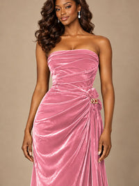 Burgundy Velvet Strapless Ruched Prom Dress with Jeweled Side Drape
