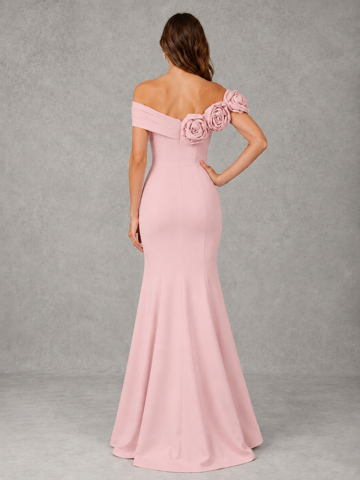 Blush Pink Off Shoulder Mermaid Bridesmaid Dress with Floral Rosette