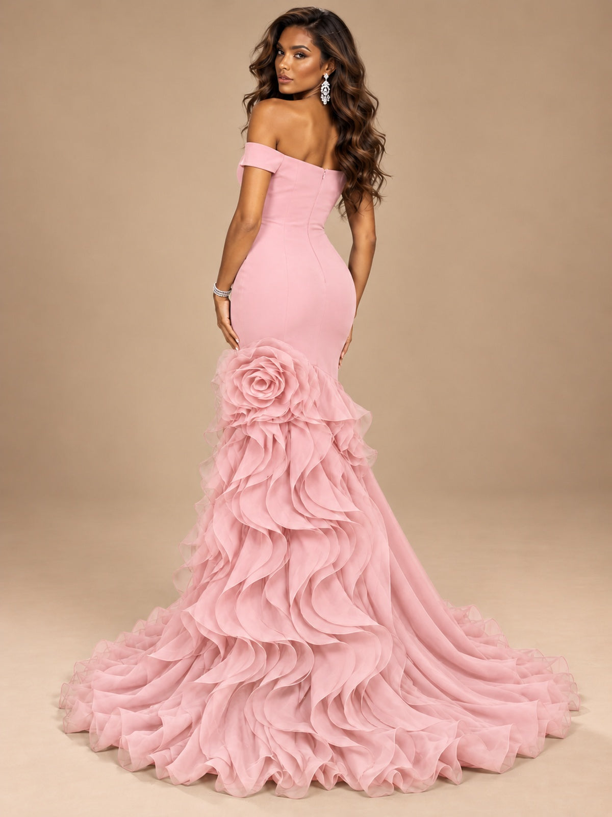 Dusty Blue Off-the-Shoulder Mermaid Prom Dress with 3D Rose & Ruffles