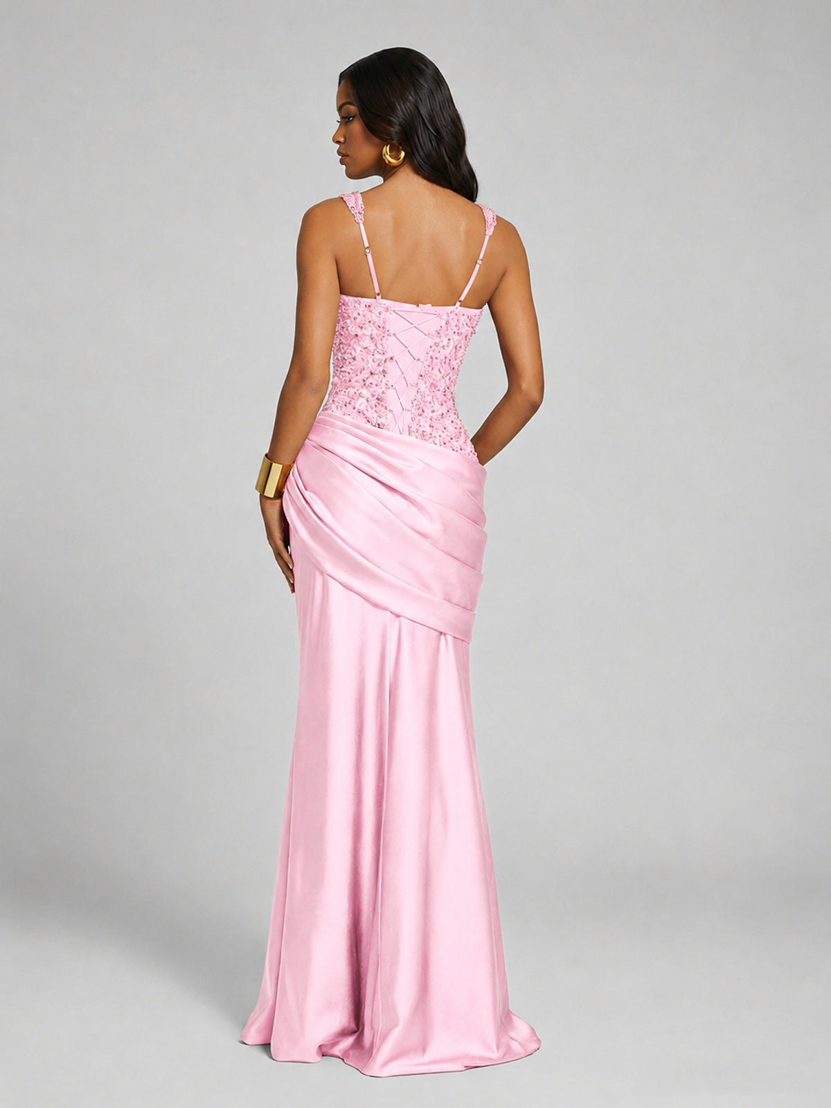 Scoop Neck Sequin Prom Dress with High Slit Satin Formal Gowns