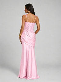 Scoop Neck Sequin Prom Dress with High Slit Satin Formal Gowns