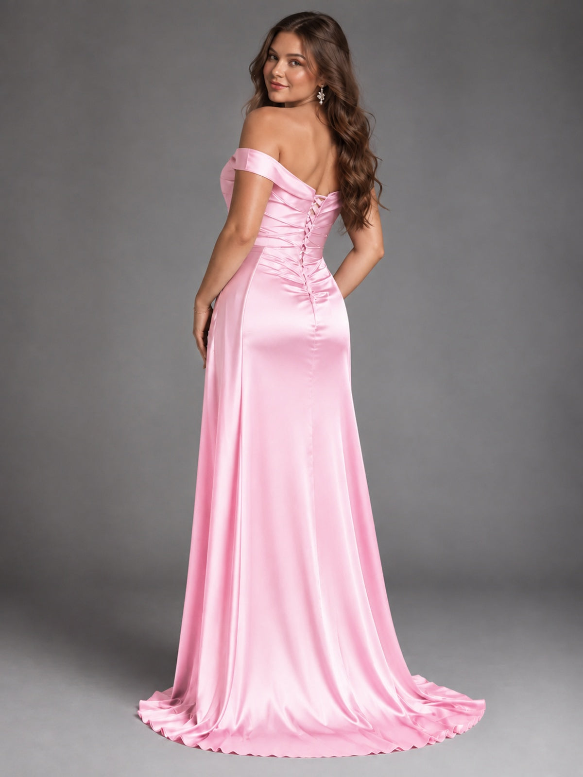 Off Shoulder Satin Maxi Dress with Slit