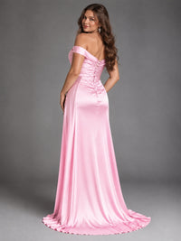 Off Shoulder Satin Maxi Dress with Slit