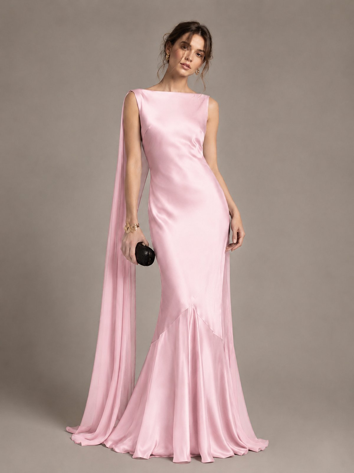 Burgundy Satin Mermaid Cape Maxi Dress