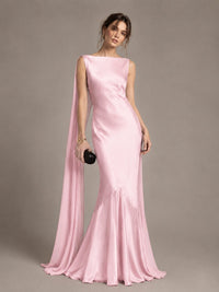 Burgundy Satin Mermaid Cape Maxi Dress