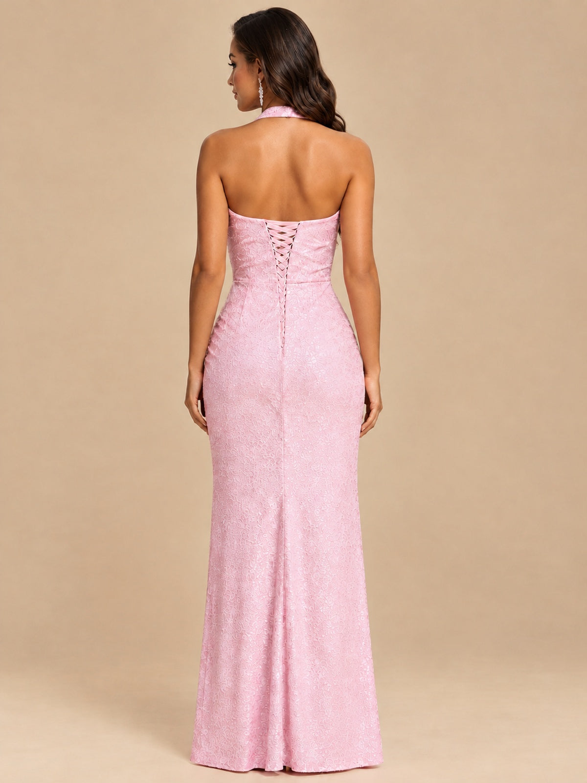 Halter V-Neck Sequin Mermaid Prom Dress with High Slit