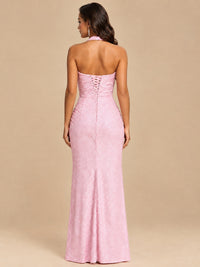 Halter V-Neck Sequin Mermaid Prom Dress with High Slit