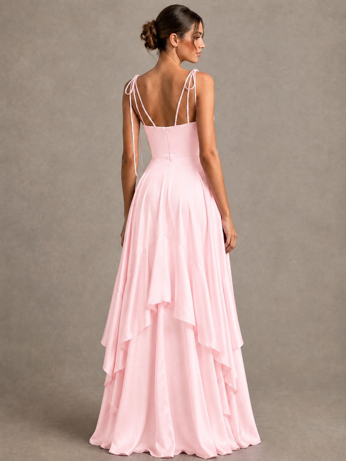 Lavender Satin V-Neck Ruffle Maxi Dress