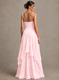Lavender Satin V-Neck Ruffle Maxi Dress