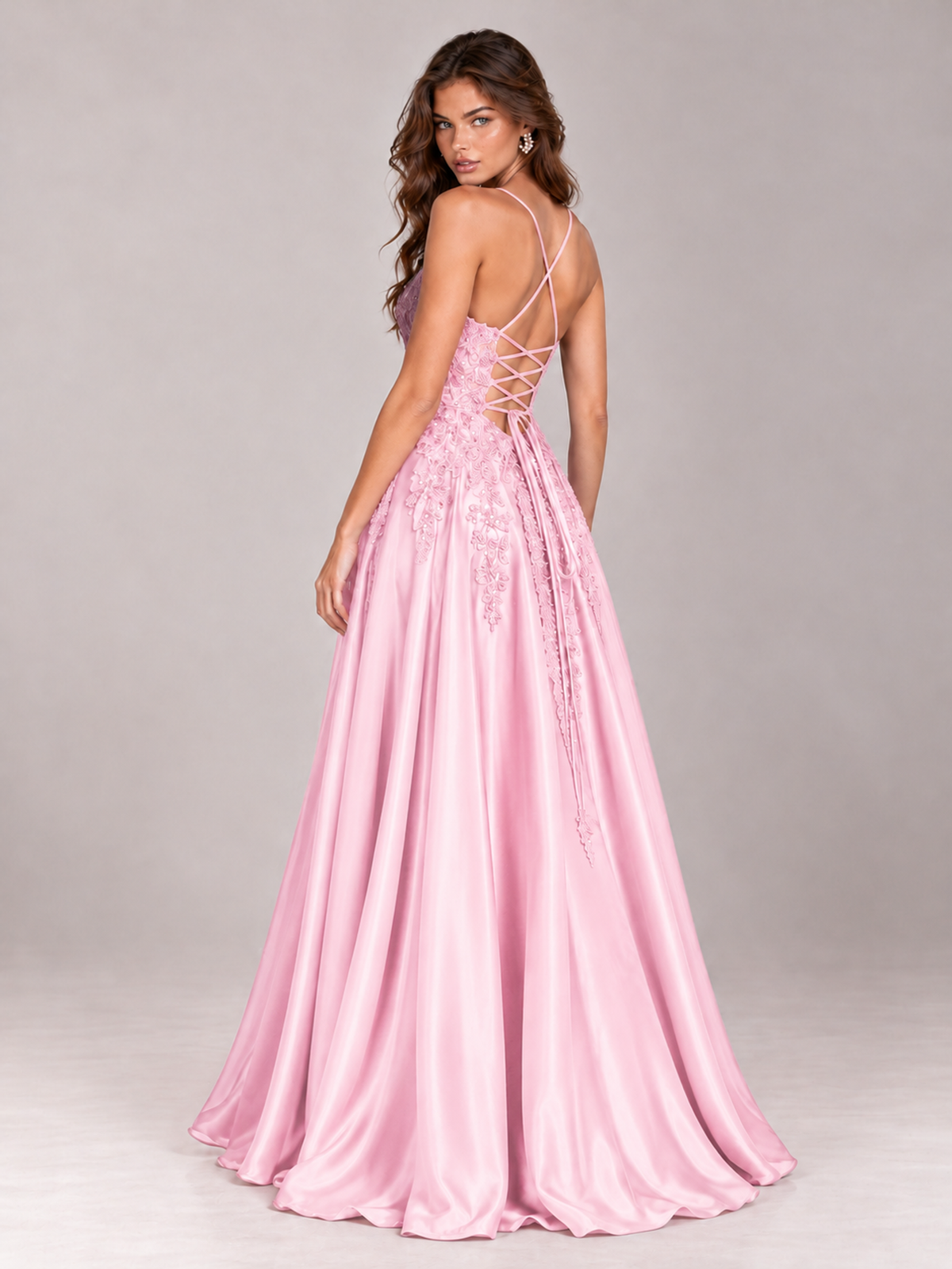 Lace Applique Satin A-Line Prom Dress with Sheer Bodice