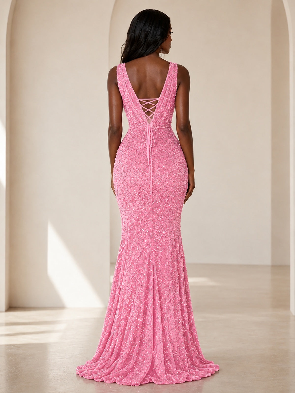 Sequin Mermaid Prom Dress with V-Neck and Ruched Waist