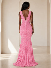 Sequin Mermaid Prom Dress with V-Neck and Ruched Waist