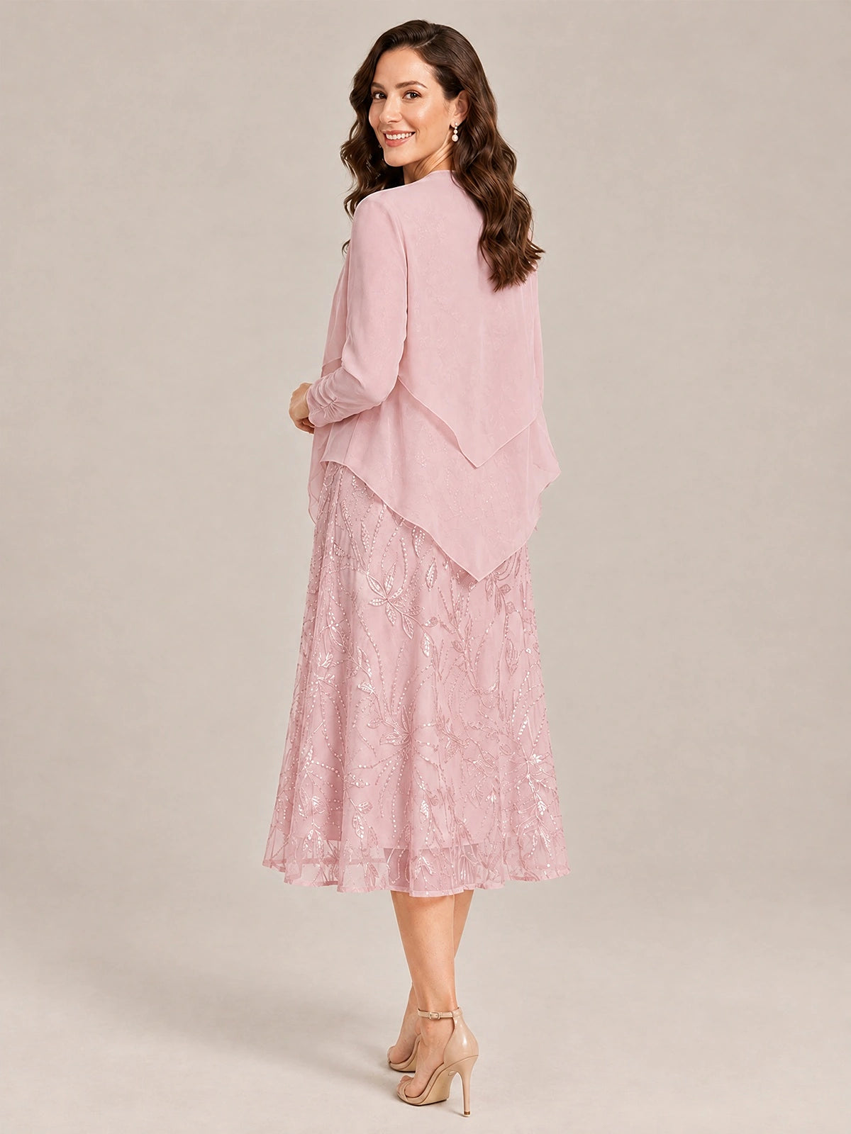 Tea Length Sequin Lace Mother of the Bride Dress with Chiffon Jacket