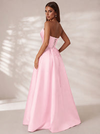 Strapless Corset Satin Prom Dress Long Evening Gown with High Slit