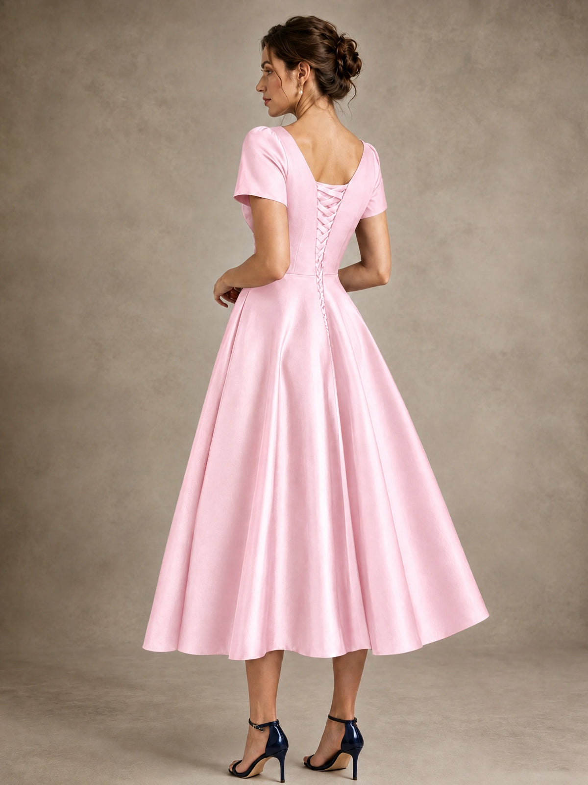 V-Neck Tea-Length Satin Mother of the Bride Dress with Bow