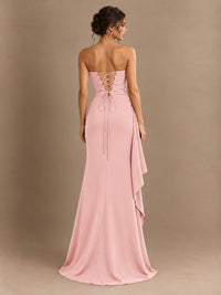 Black and White Strapless Ruched Prom Dress with High Slit & Side Drape
