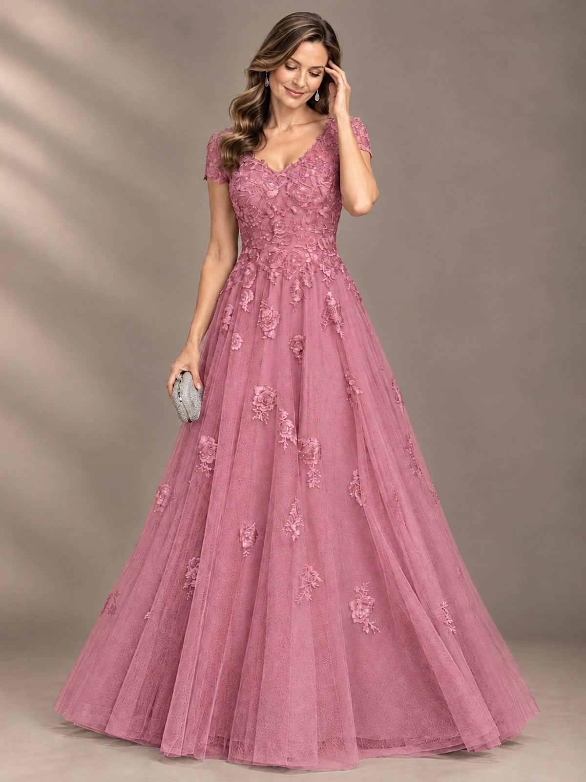 Lace Appliques A-line Mother of The Bride Dresses with Short Sleeves