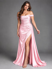 Off Shoulder Satin Maxi Dress with Slit