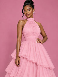 Hot Pink Tulle Halter Neck Tiered Ruffle Maxi Dress