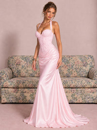 Sparkling Halter Corset Satin Mermaid Prom Dress