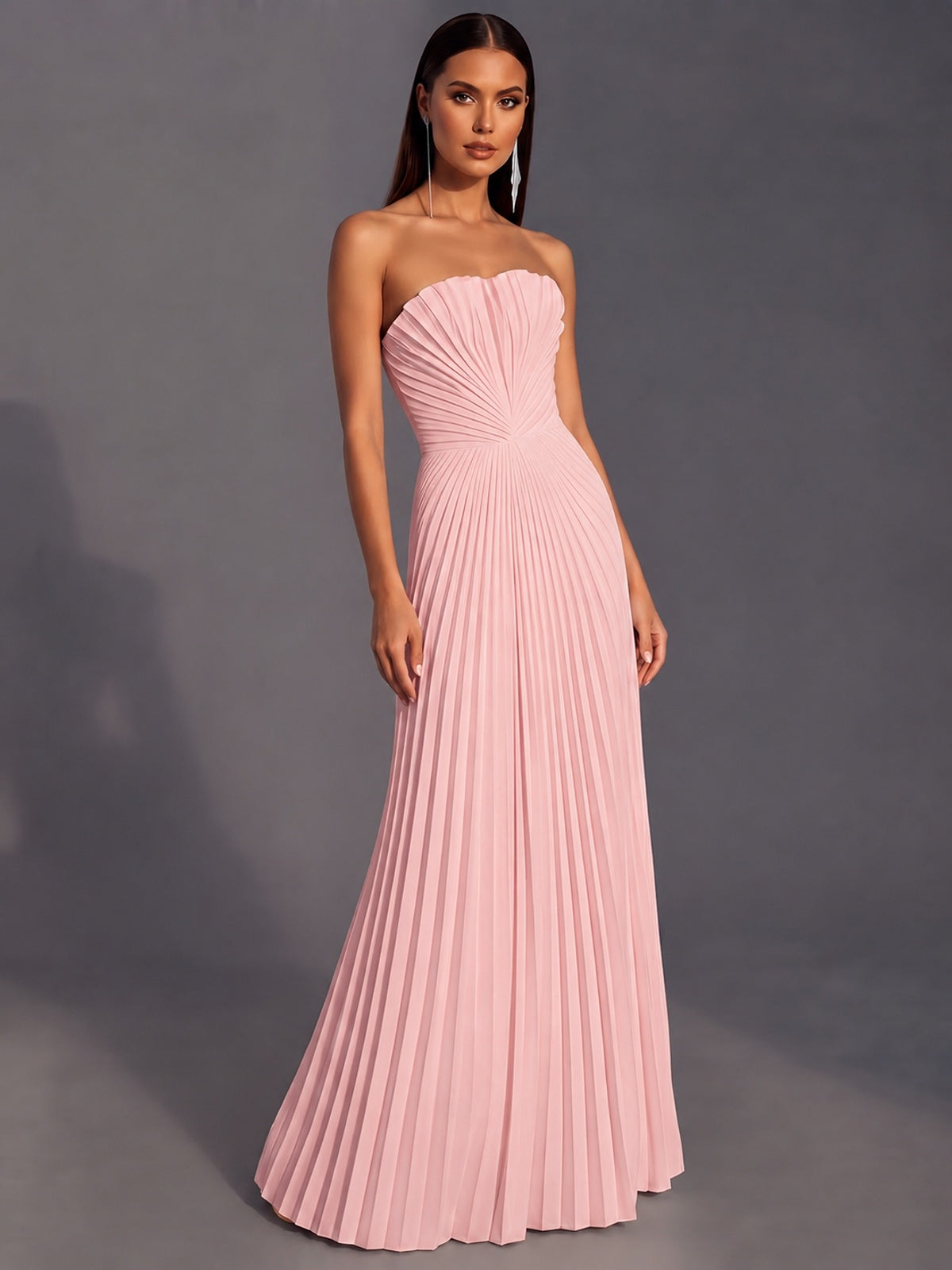 Strapless A-line Long Pleated Satin Prom Dress