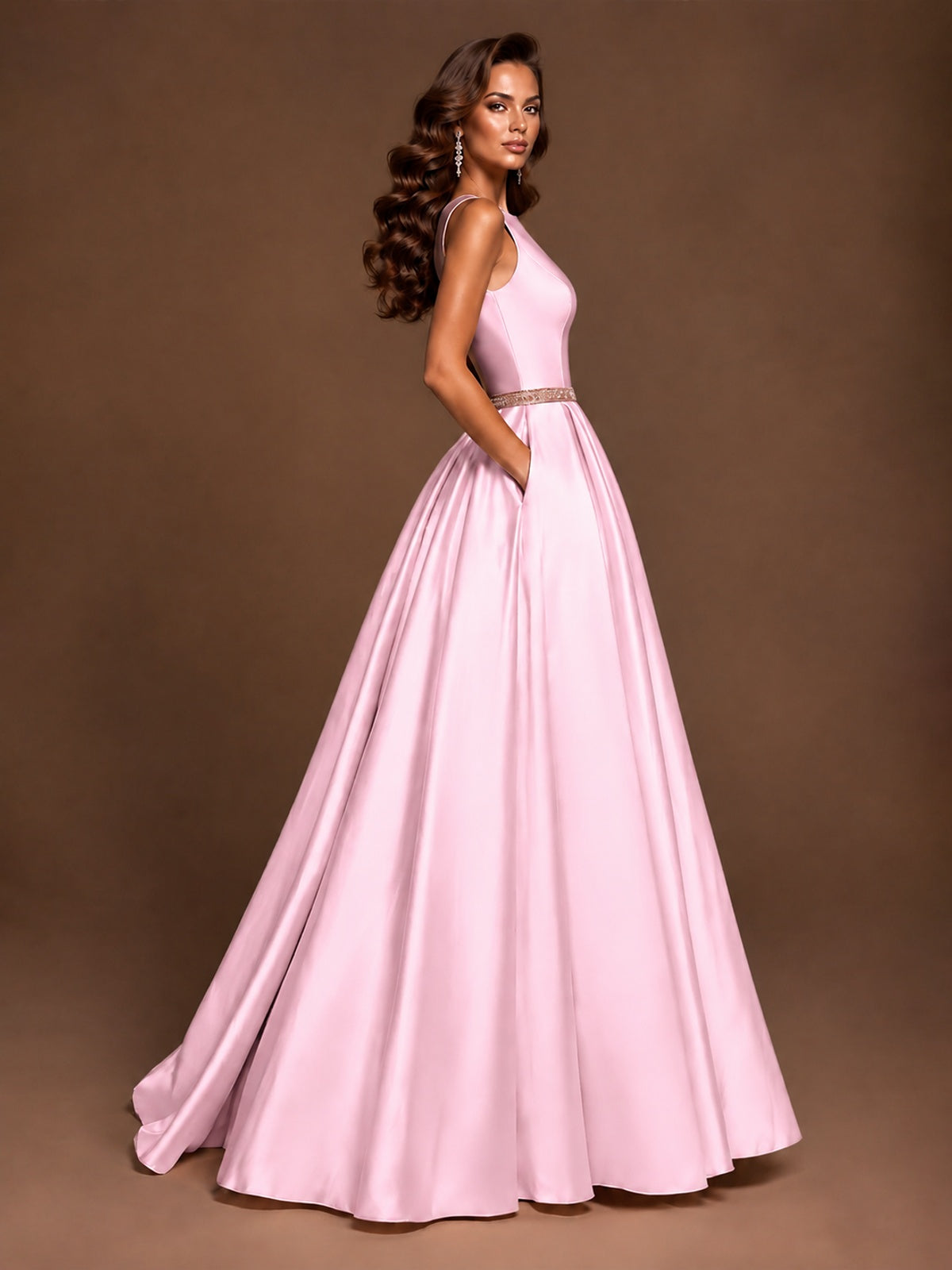 Satin A-Line Prom Dress Sleeveless Beaded Waist Formal Gown with Pockets