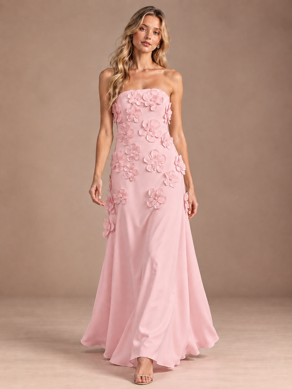 Yellow Strapless A-line Satin Maxi Dress with 3D Floral