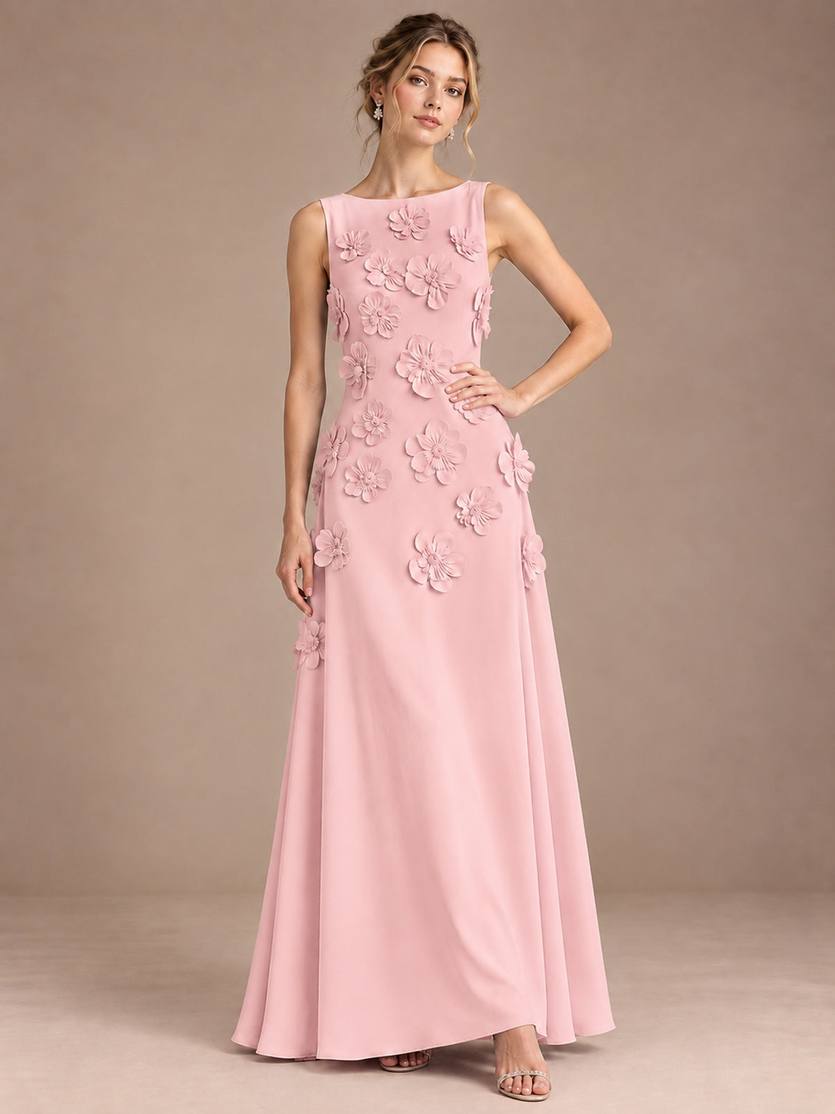 3D Floral Applique Sleeveless Formal Maxi Dress