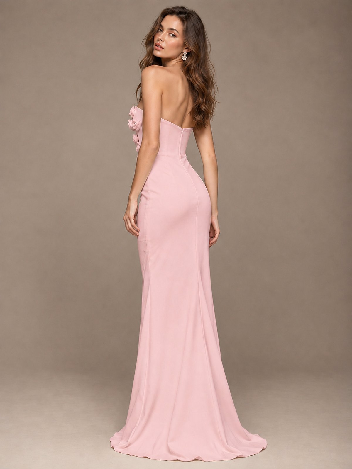 White Strapless Mermaid Maxi Dress with 3D Floral Appliques
